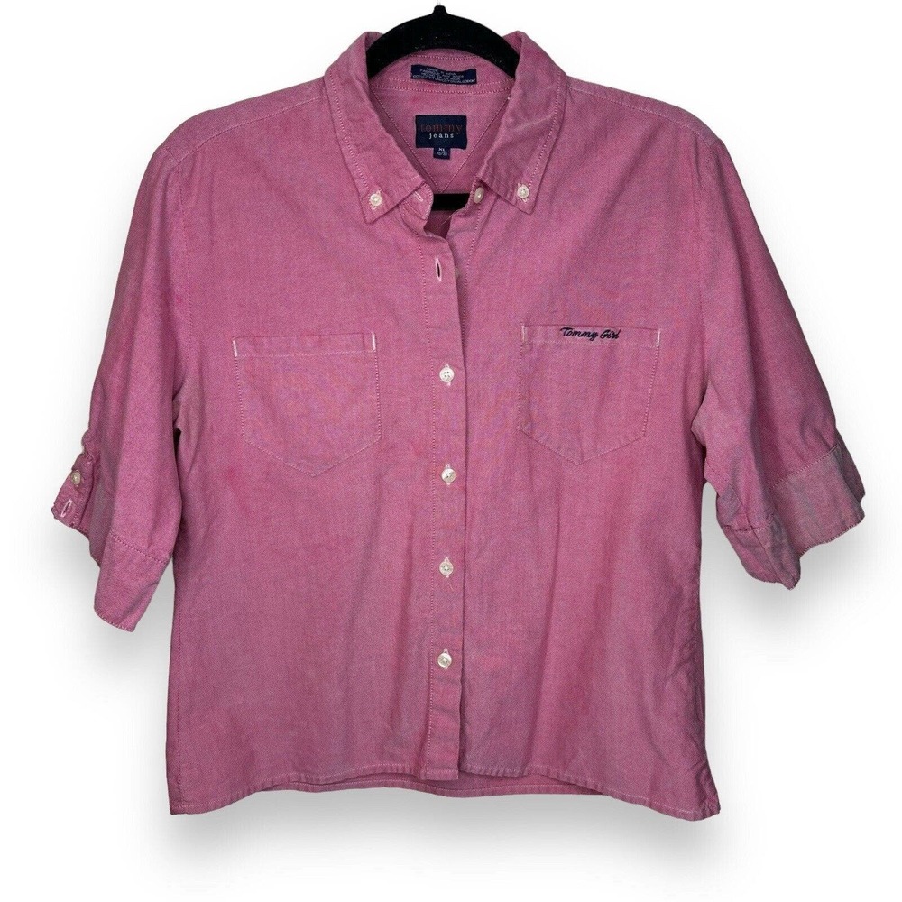 VTG Tommy Jeans Size XL Button Down Shirt Tommy Girl Red Logo Y2K Boxy Short